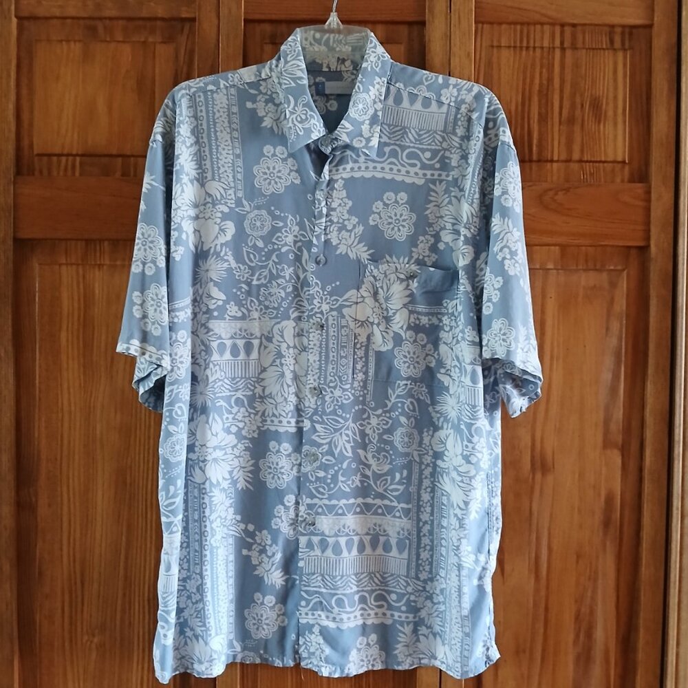 HALFMOON BAY light blue/white floral print S/S button front shirt sz L men